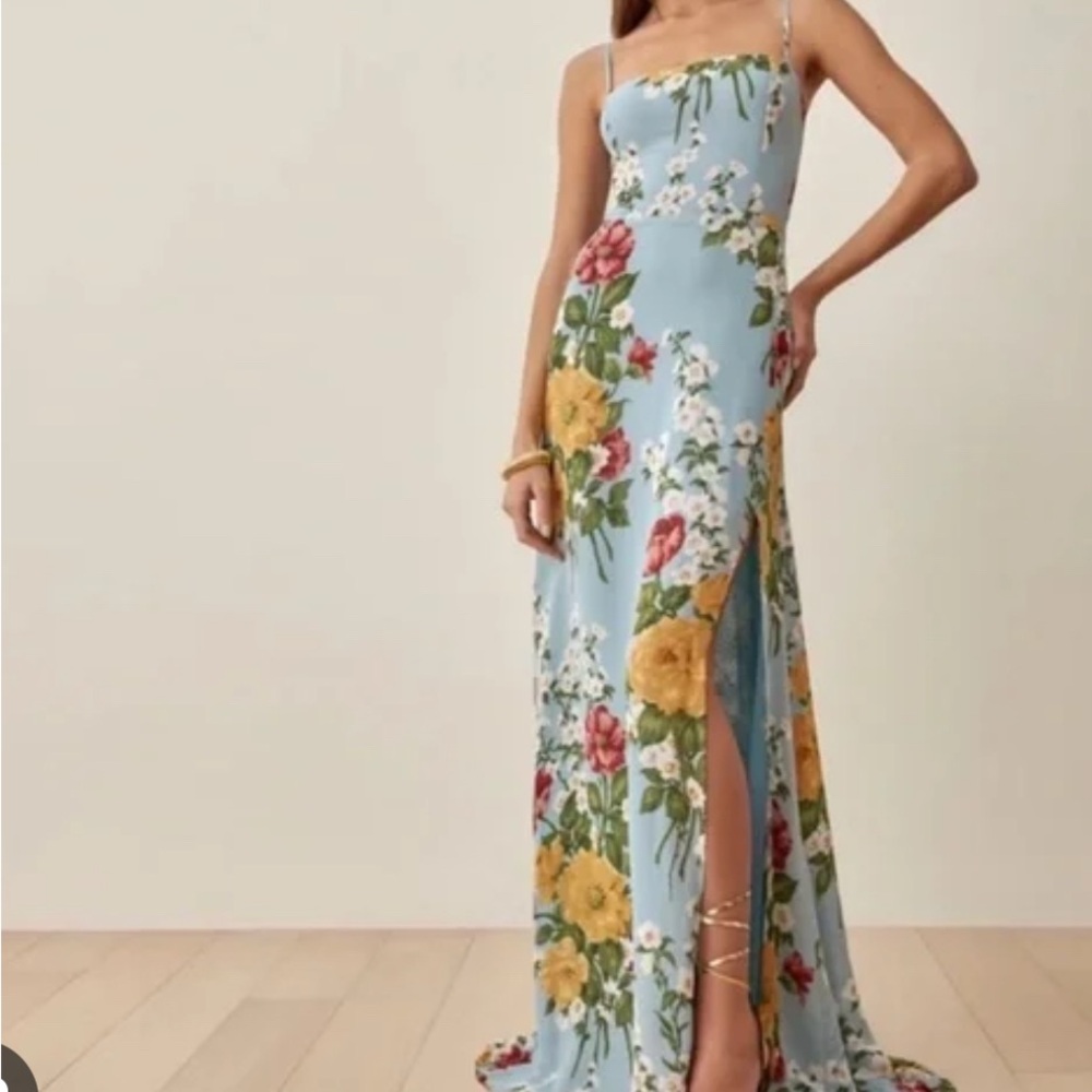 Reformation Strapless Blue Floral Maxi Dress